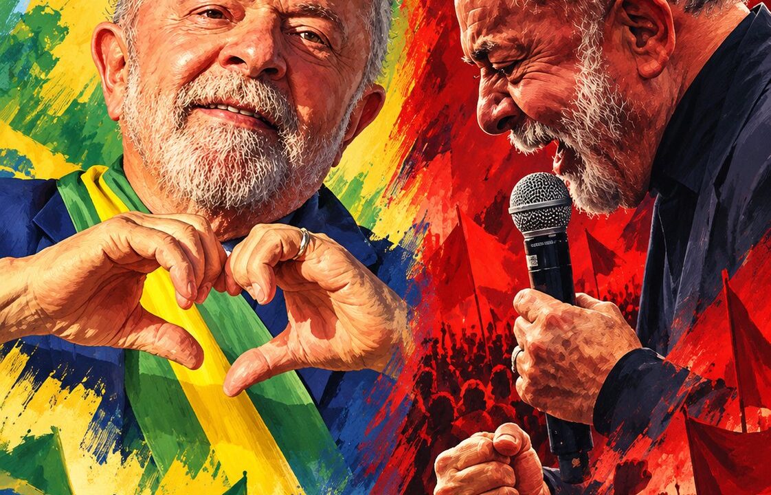 Ilustração dividida ao meio: à esquerda, Lula com a faixa verde e amarela faz um coração com as mãos; à direita, sobre fundo vermelho, discursa ao microfone com o punho cerrado.