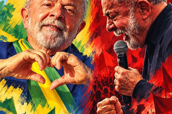 Ilustração dividida ao meio: à esquerda, Lula com a faixa verde e amarela faz um coração com as mãos; à direita, sobre fundo vermelho, discursa ao microfone com o punho cerrado.