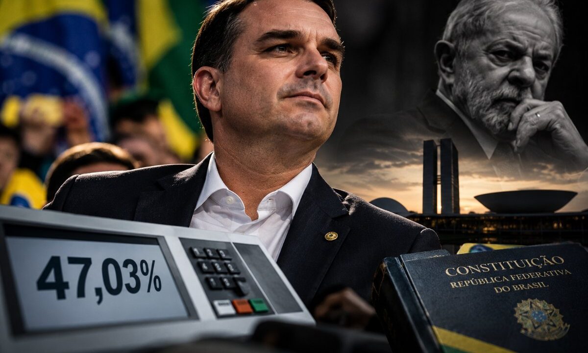 Montagem: Flávio Bolsonaro em primeiro plano diante de bandeiras do Brasil; ao fundo, Lula em preto e branco sobre o Congresso Nacional; à frente, uma urna eletrônica com 47,03% e um exemplar da Constituição.