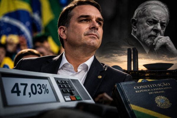 Montagem: Flávio Bolsonaro em primeiro plano diante de bandeiras do Brasil; ao fundo, Lula em preto e branco sobre o Congresso Nacional; à frente, uma urna eletrônica com 47,03% e um exemplar da Constituição.