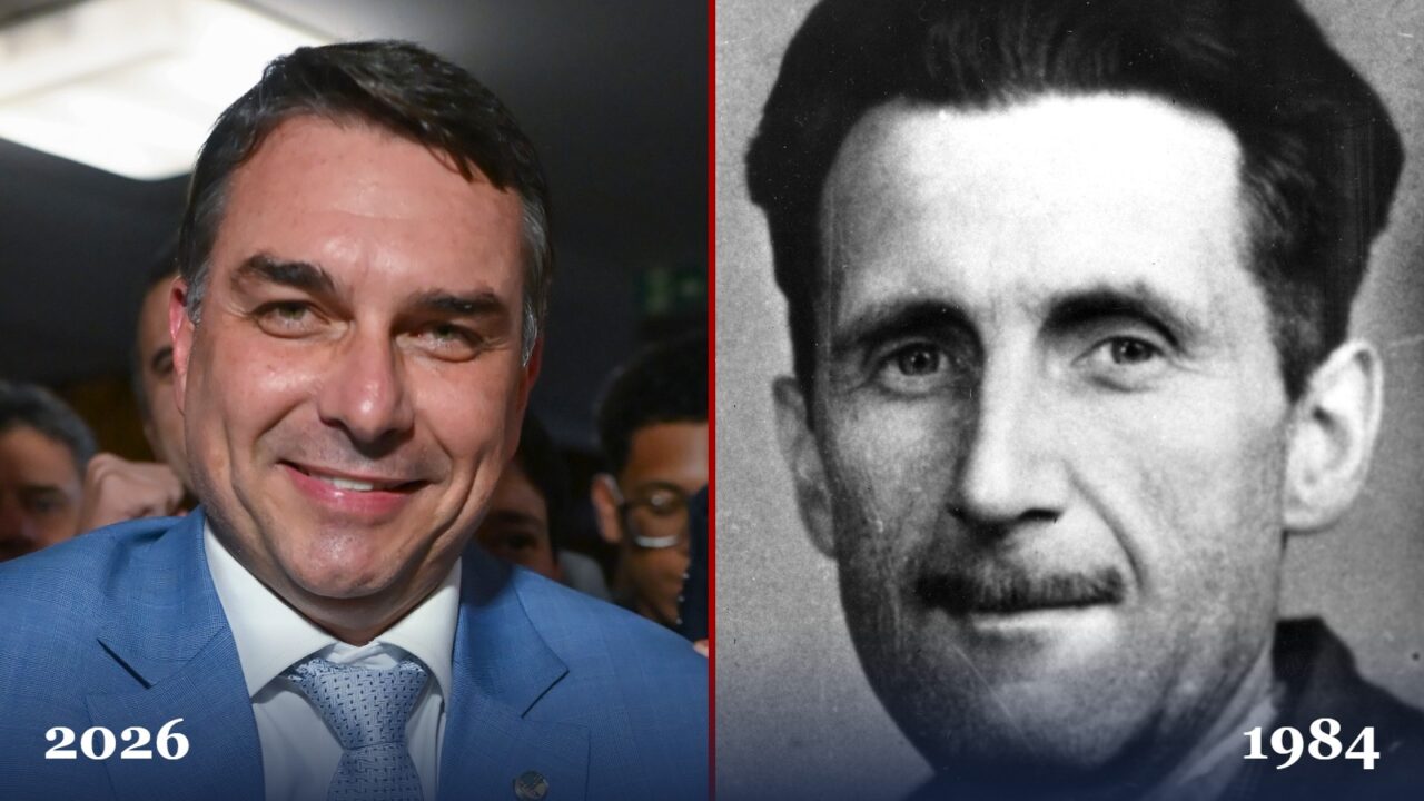 Montagem com Flávio Bolsonaro, em 2026, e George Orwell, autor de 1984