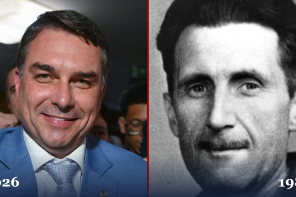Montagem com Flávio Bolsonaro, em 2026, e George Orwell, autor de 1984