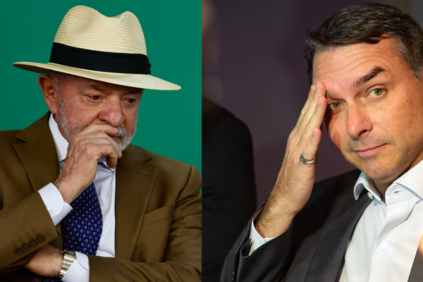 Montagem com o presidente Lula, de chapéu e mão no queixo, e o senador Flávio Bolsonaro, com a mão na testa