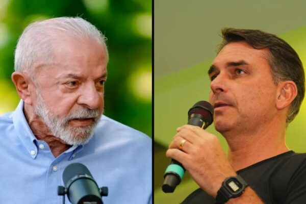 Montagem com Lula, à esquerda, e Flávio Bolsonaro, à direita, que disputam o segundo turno