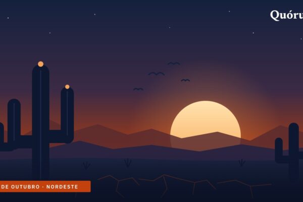 Ilustração de pôr do sol no sertão nordestino, com mandacarus, serras e asas-brancas, e a marca Quórum