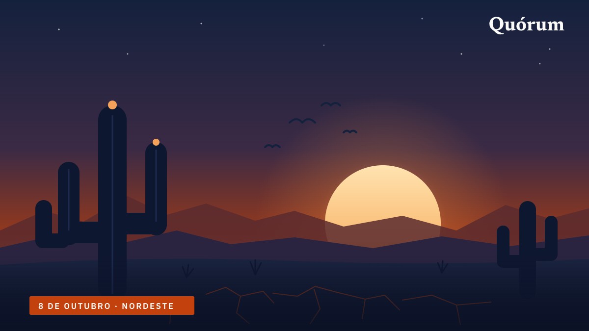 Ilustração de pôr do sol no sertão nordestino, com mandacarus, serras e asas-brancas, e a marca Quórum