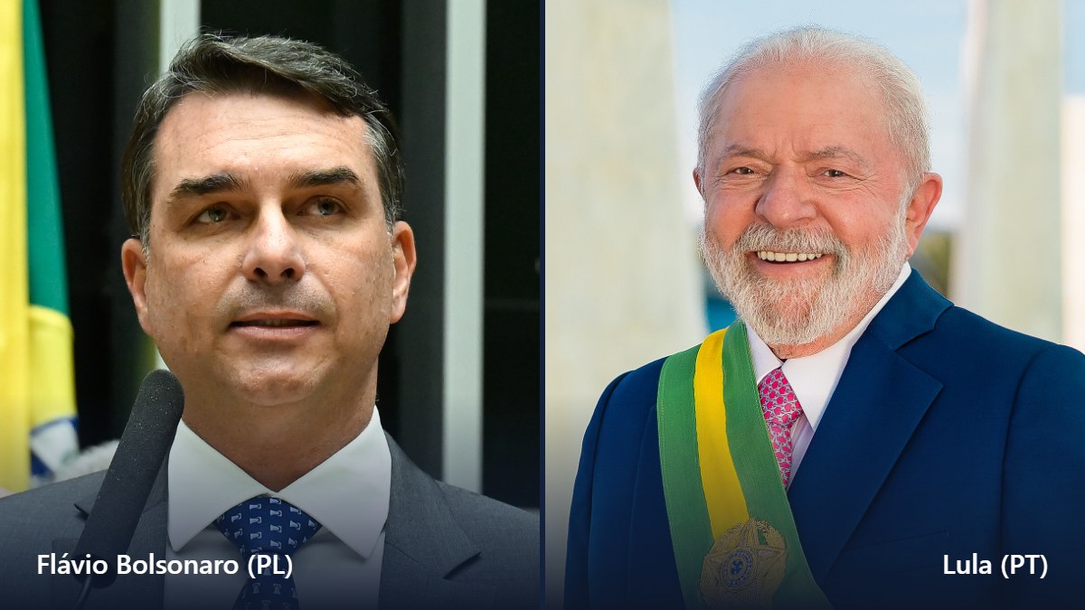 Montagem com Flávio Bolsonaro à esquerda e Lula à direita, candidatos no segundo turno da eleição presidencial